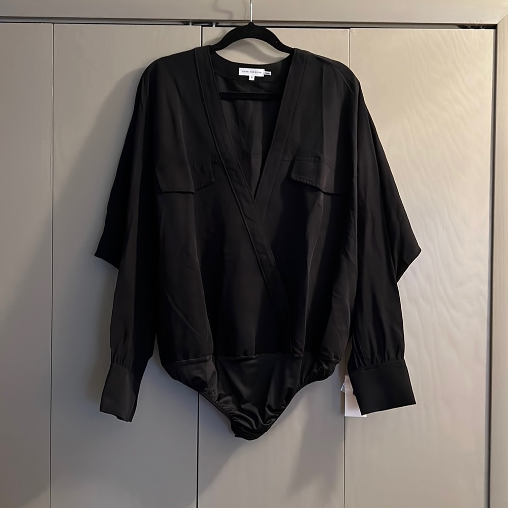 Good American Black V-Neck Long Sleeve Bodysuit